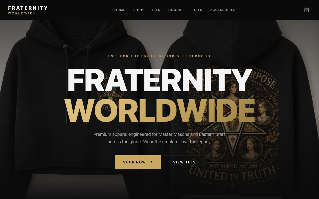 Fraternity Worldwide website — premium apparel for Masons and Eastern Stars